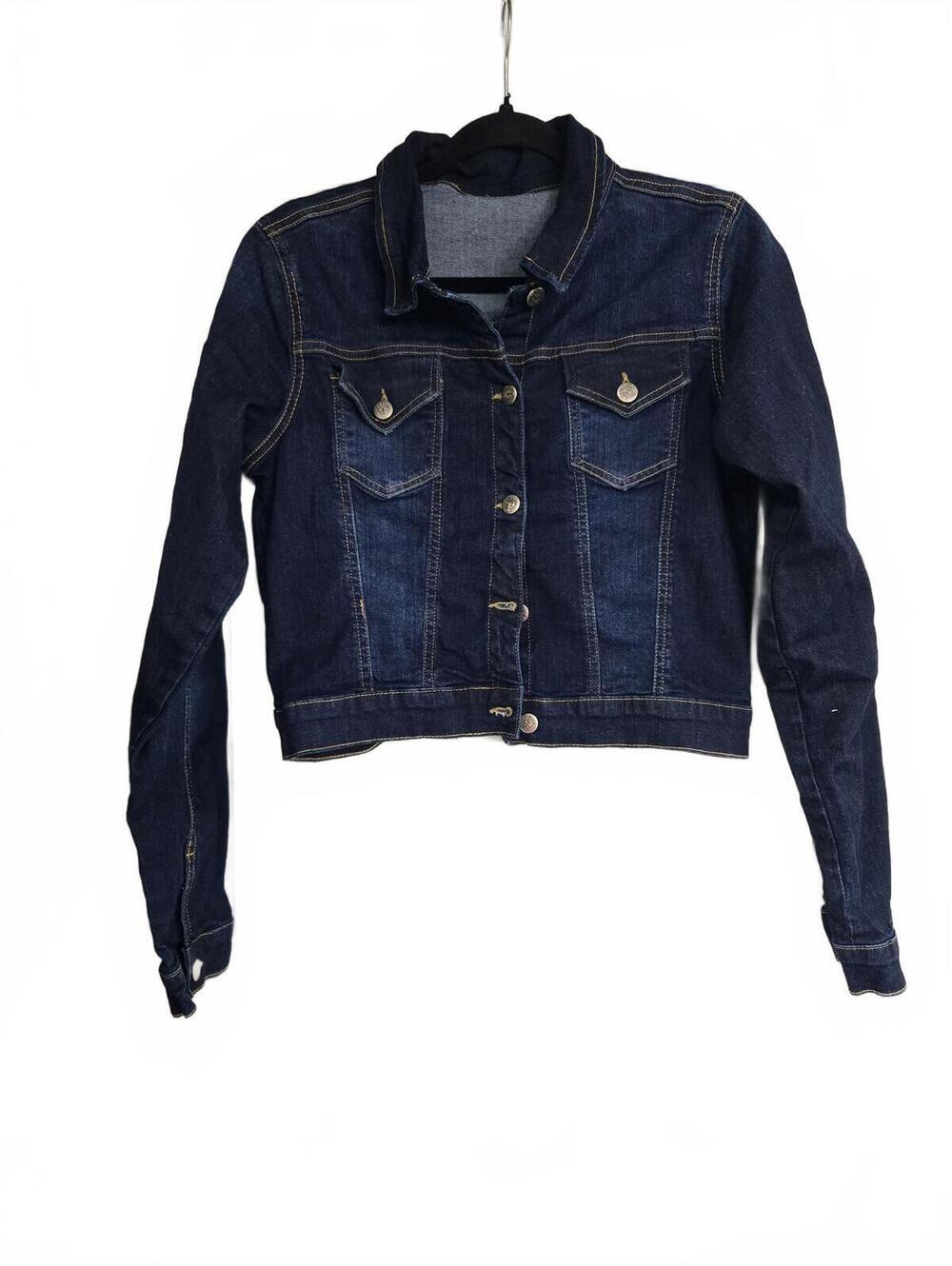 Women's Dark Wash Cropped Denim Jacket Button Front Trucker Style